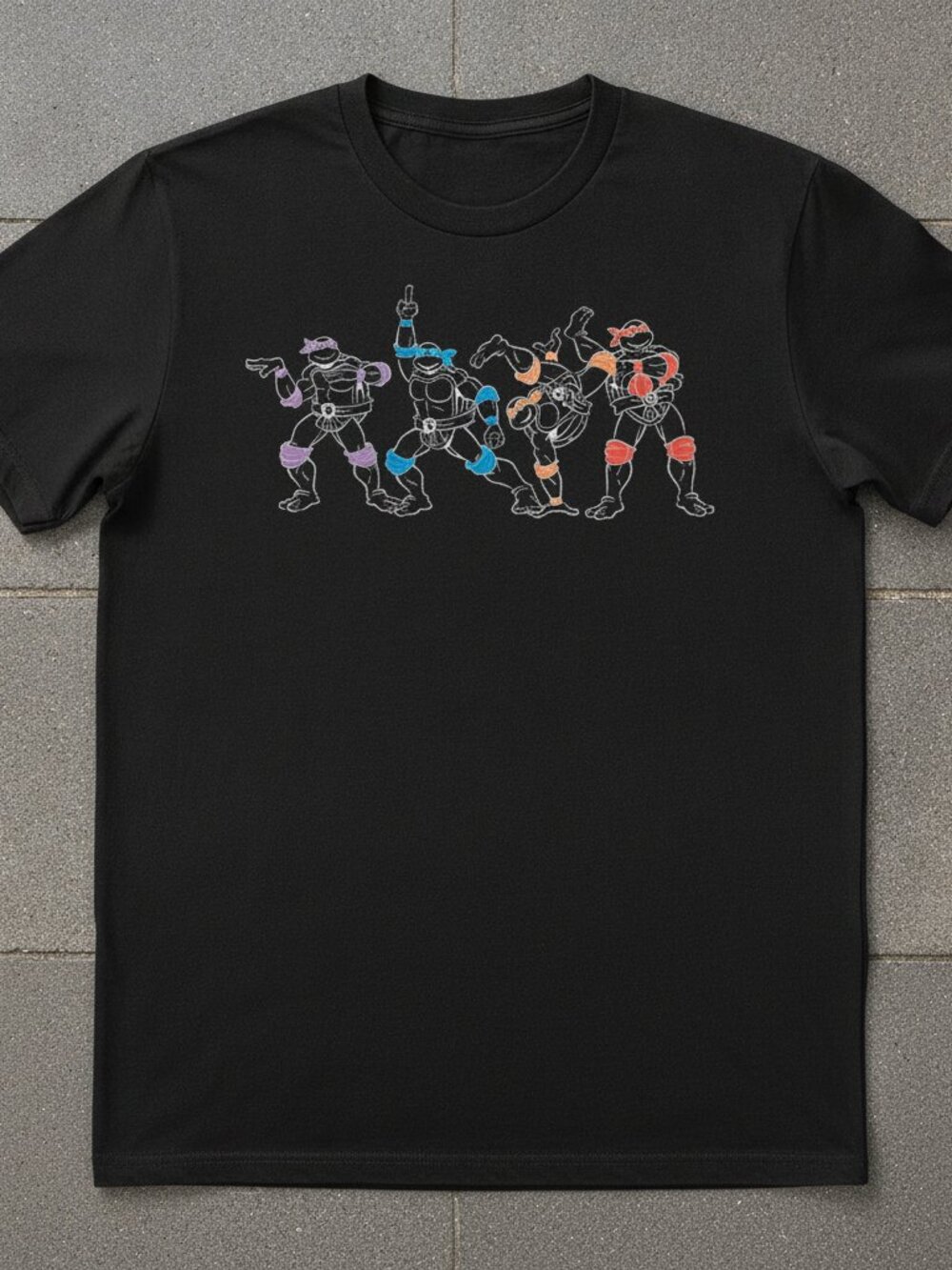 Ninja Turtles Team Outline Sketch Retro Colorful Black Graphic Tee